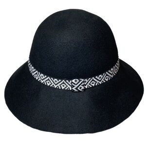 NWT Pac Sun 100% Wool Hat Black Floppy Brim Fedora w/ Printed B&W Band, OS, New